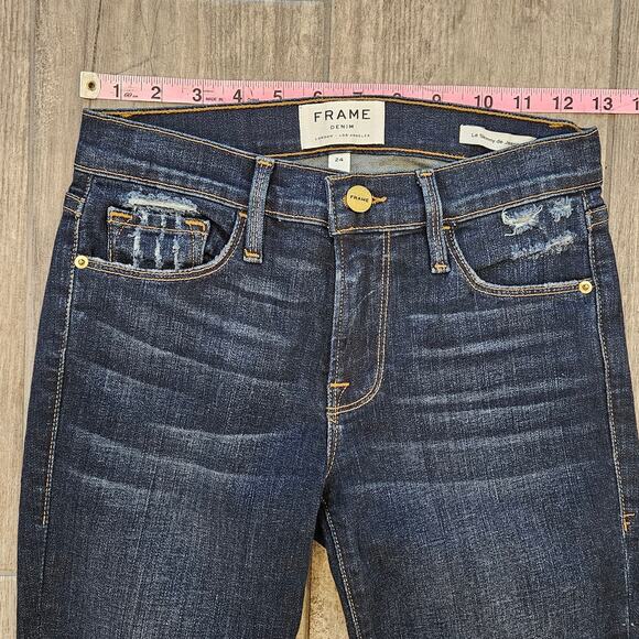 Frame Jeans Womens Size 24 Le Skinny De Jeanne Dark Wash Distressed Ankle Crop - Picture 2 of 12